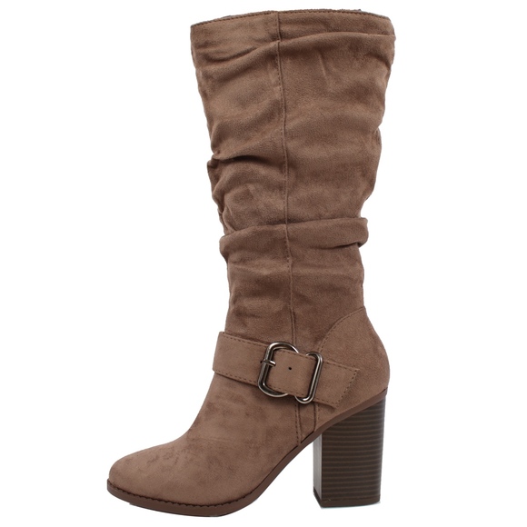 Shoes - Taupe Faux Suede Slouchy Stacked Heel Knee High Bo